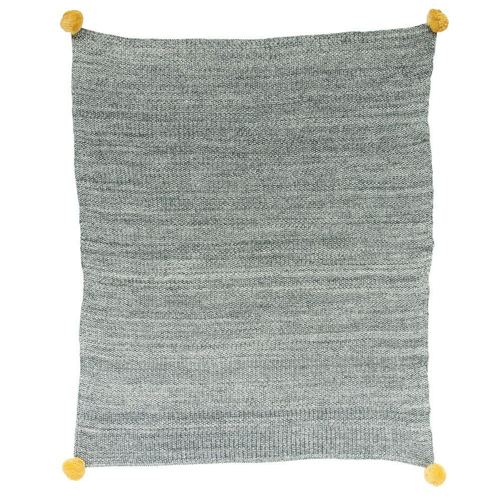 40" x 32" GREY + MUSTARD KNIT BABY BLANKET W/ POM POMS