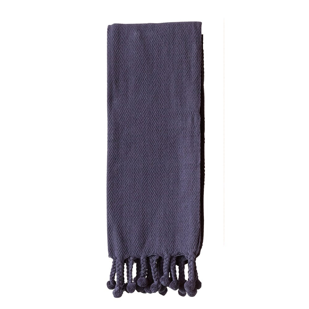 60" x 50" NAVY COTTON THROW W/ POM POM