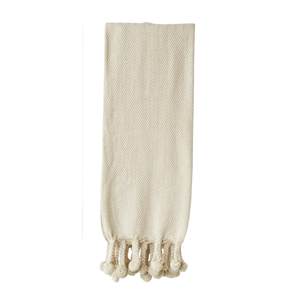60" x 50" CREAM COTTON THROW W/ POM POM