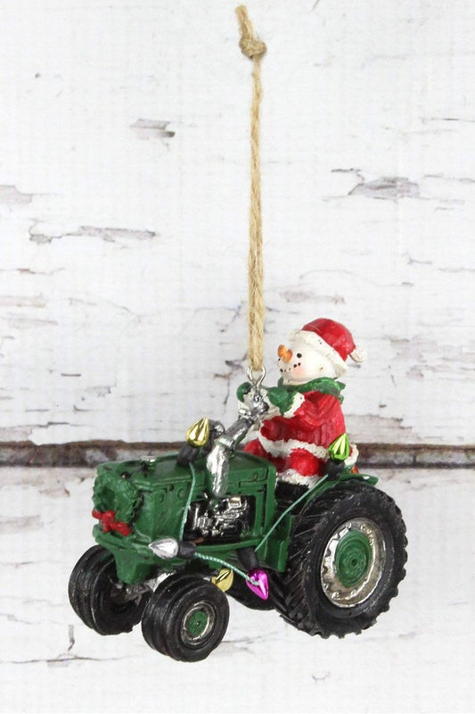 SNOWMAN SANTA RIDING TRACTOR ORNAMENT