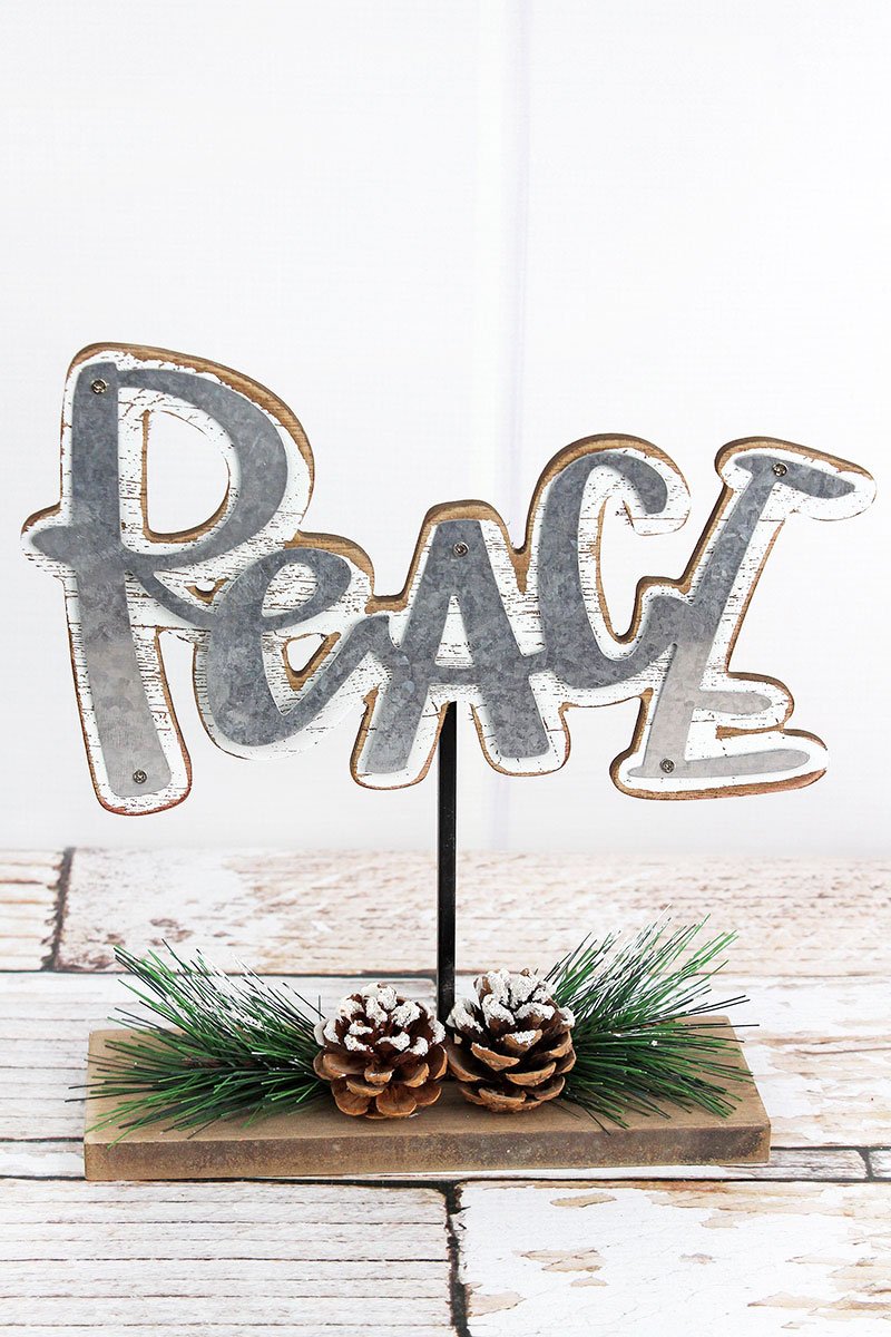PEACE WOOD AND METAL TABLETOP DECOR