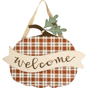 WELCOME PLAID PUMPKIN HANGING SIGN
