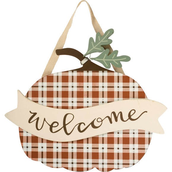 WELCOME PLAID PUMPKIN HANGING SIGN